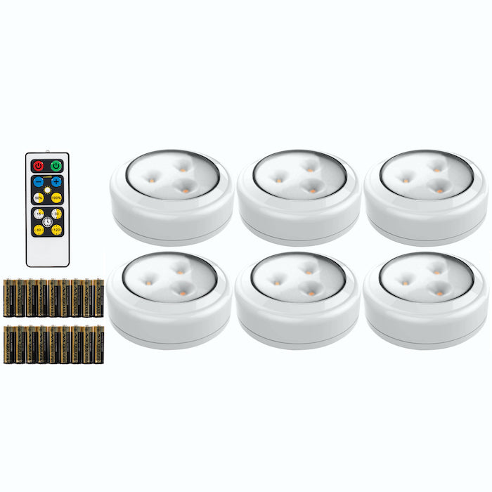LED PUCK LIGHT 6 PACK WITH REMOTE AND 18 AA BATTERIES